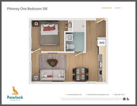 Floor plan for 1 bed, 1 bath, 423 sqft